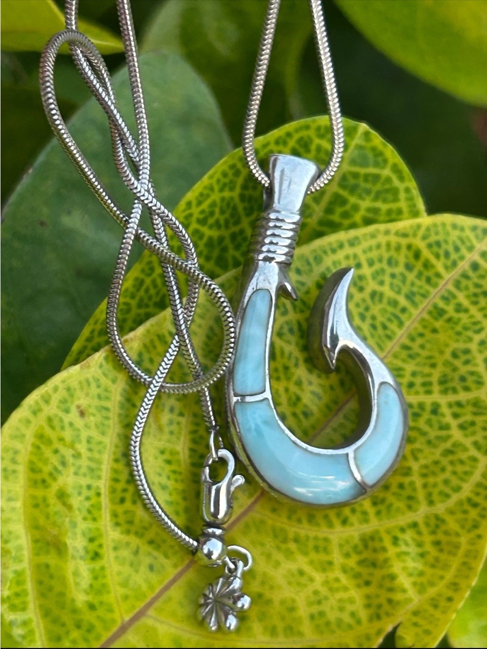 Sterling silver Fish Hook with blue
Larimar gemstone pendant necklace